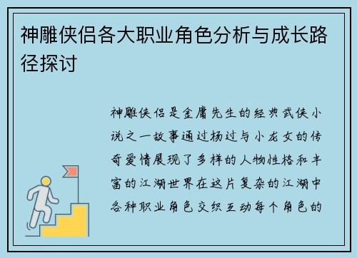 神雕侠侣各大职业角色分析与成长路径探讨